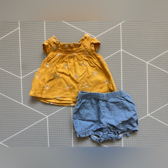 Old Navy Other - Old Navy|Baby girl summer set,mustard Yellow Daisy Embroidered Top & denim Short
